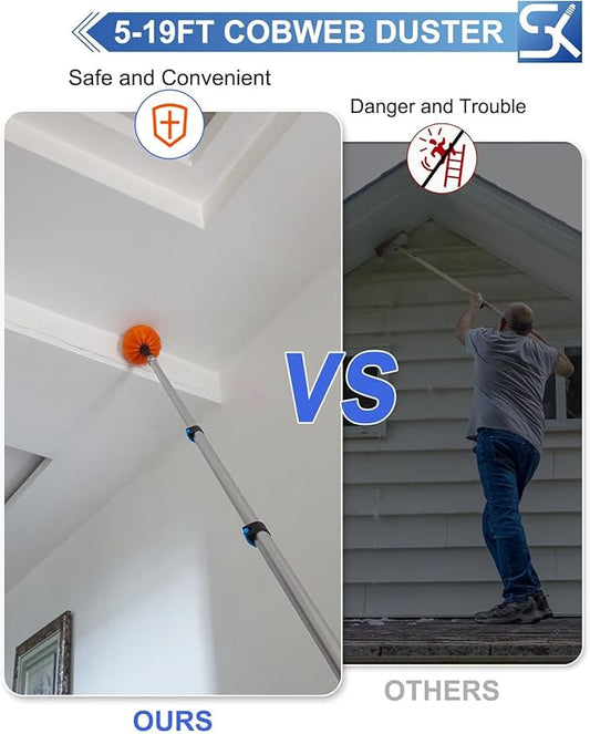 26FT Reach Cobweb Duster, Outdoor Spider Web Cleaner Brush with 5-20FT Telescoping Extension Pole, Aluminium Heavy Duty, Medium Stiff Bristles Spider Web Brush for Outdoor & Indoor Cleaning