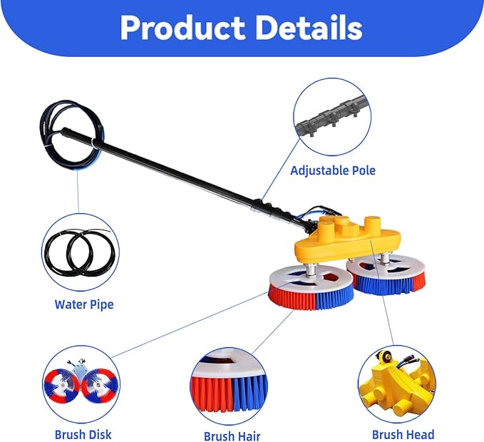 Solar Panel Brush, 11FT Water Supply Kit with Extendable Pole,Solar Double-Head Automatic Cleaning Brush,Window Cleaning Brush and Pole,with Lithium Battery