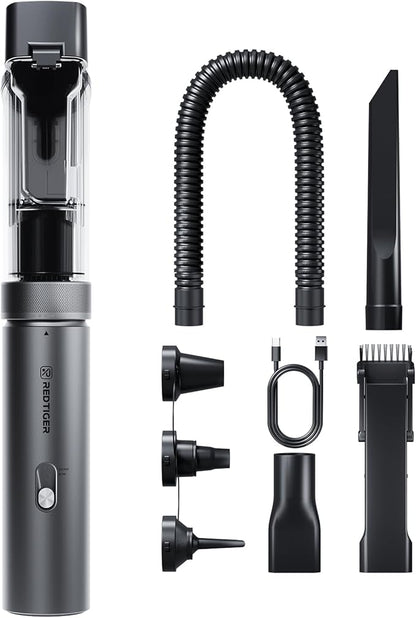 REDTIGER Car Vacuum Cordless, 21000PA Portable Handheld Vacuum Up to 70 Mins Runtime, 3.5H USB-C Fast Charge, Lightweight 4 in1 Mini Hand Held Cleaner Power for Car Home Outdoor Camp Pet Food Black