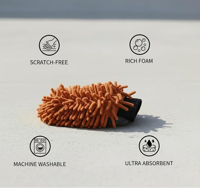 Car Wash Mitt Microfiber, 2PK-Scratch & Lint Free, Premium Chenille Microfiber Wash Mitt (Coffee Color)