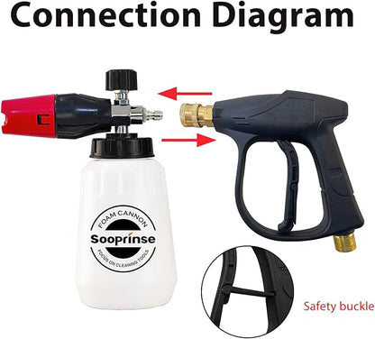 Sooprinse Foam Cannon Kit with Pressure Washer Short Gun, 1 L Snow Foam Lance with 1/4 Inch Quick Connector, Foam Blaster with Pressure Washer Gun,4000 PSI, Black