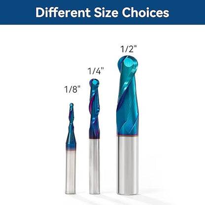 CNC Router bits 1/4inch Shank Carbide Ball Nose End Mill with Nano Blue Coating for Side Milling,End Milling,Finish Machining (1/4" x1/4" x2-1/2)