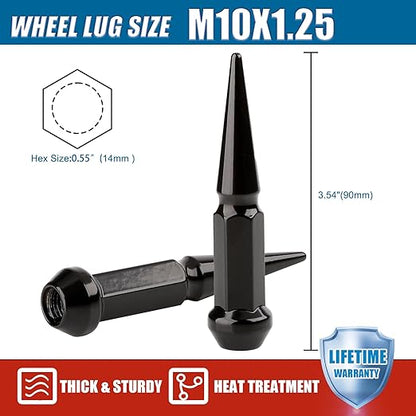 JiiinMiiin M10x1.25 Long Steel Spike Lug Nuts, Thread Pitch 10x1.25, Set of 16 ATV Wheel Nuts with A Socket. [Black]