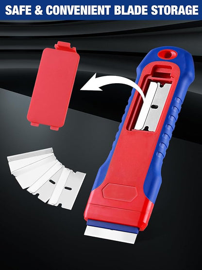 WORKPRO Retractable Razor Blade Scraper with 56 Blades, Built-in Storage Cleaning Scraper Tool for Paint Stickers Adhesive Glass Ceramic Wood