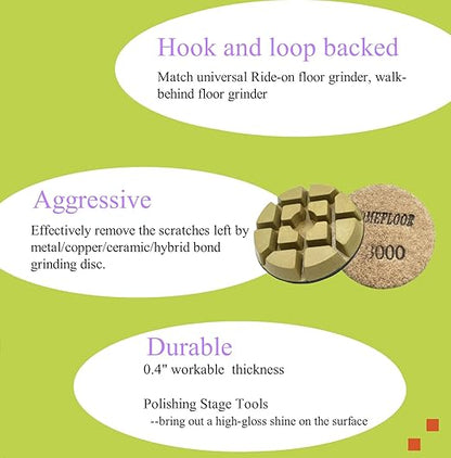 Concrete Floor Polishing Pucks Diamond Resin Disc for Terrazzo, Marble, Granite Floor, 3 Inch Hook and Loop Polishing Pad,3000# 9PCS