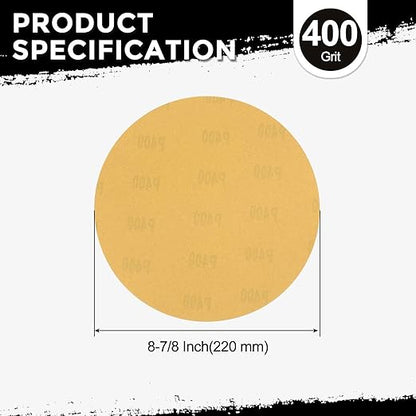 Kozelo 50 Pcs Sanding Discs 8-7/8 Inch 400 Grit Hook and Loop Random Orbital Sandpapers Suitable for Drywall Sander Wood Metal Furniture, Yellow