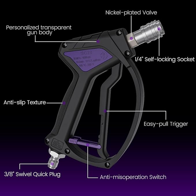 Short Pressure Washer Gun, Swivel Power Washer Gun 4060 PSI, Stubby Pressure Washer Gun with 3/8" Smooth & 1/4" Quick Connector Coupler Compatible with Hose Foam Cannon Car Wash Foam Gun（Black）