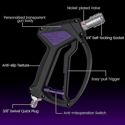 Short Pressure Washer Gun, Swivel Power Washer Gun 4060 PSI, Stubby Pressure Washer Gun with 3/8" Smooth & 1/4" Quick Connector Coupler Compatible with Hose Foam Cannon Car Wash Foam Gun（Black）