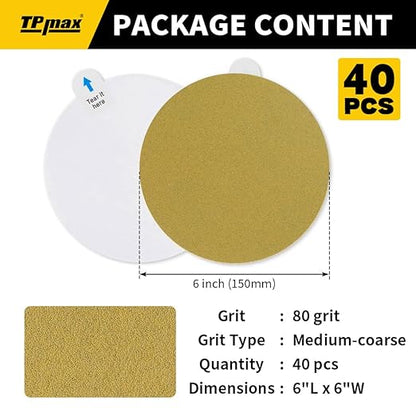6-Inch 80-Grit Gold PSA Sanding Discs, 40 Pack – Pro-Grade Self-Adhesive Stickyback Sandpaper with Quick-Release Tabs for DA Sander, Medium-Coarse Automotive/Wood/Metal Sanding