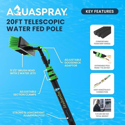 20 Feet Long Reach Solar Panel Cleaning Brush with Inline Water Filter, Telescopic Extendable for Roof Mounted Solar Panel and Window Cleaning: Water Fed Pole Cleaning Kit