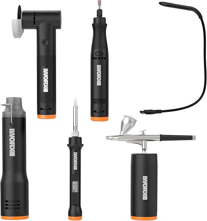 MAKERX WX996L Crafting Tool Combo Kit - Rotary Tool, Wood and Metal Crafter, Airbrush, Heat Gun, Grinder and LED Flex Light in Carry Bag