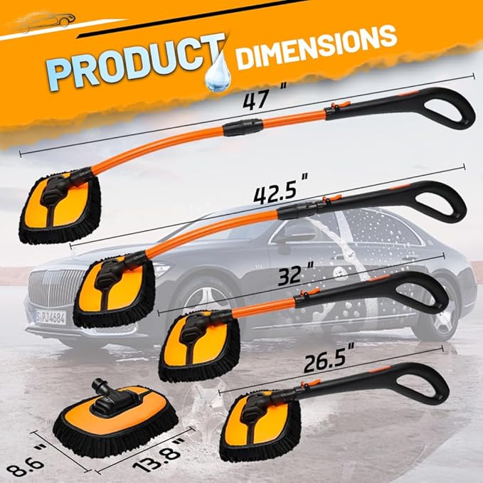 RIDE KINGS Car Wash Brush, Car Duster Exterior Scratch Free 180°Adjustable,Truck Cleaning Supplies with Ergonomic 15°Curved Extentable Pole Handle, Car Washing Equipment - Orange