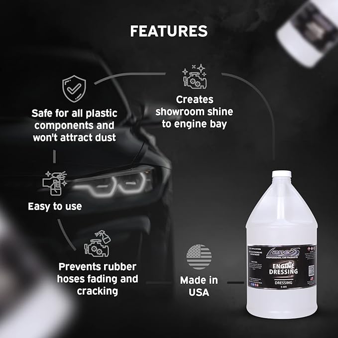 LANE'S Engine Dressing | Professional Engine Bay Cleaner and Protector Shine | Prevents Rubber Hoses Fading and Cracking | Easy to Use, Dust Resistant Degreaser & Detail Spray | 1 Gallon