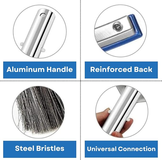 Aquatix Pro Pool Brush Head, 18" Heavy Duty for Cleaning Walls & Floors, Stainless Steel Bristles, Reinforced Aluminum Back, Curved Ends for Corners, EZ Clip, Swimming Pool Brushes for Tiles & Steps