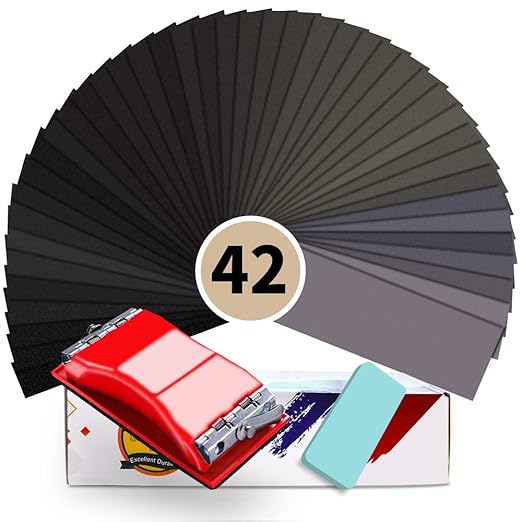 Wet & Dry Sandpaper Set, 42 Sheets of 120 to 3000 grit Sandpaper with Sanding Block Sander,for Wood Furniture Finishing Metal Automotive Sanding Polishing