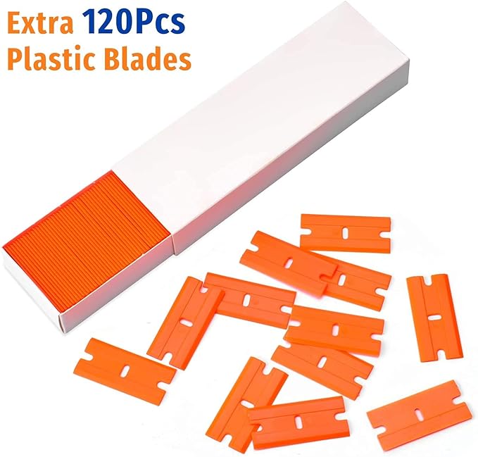 Plastic Razor Blade Scraper, Scraper Tool with 20 PCS Plastic Razor Blades for Removing Labels Adhesive Decals Sticker from Windows Glass (Blue)
