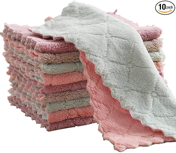QURIPE 10-Pack Microfiber Cleaning Cloth Dish Towels, Double-Sided Dish Drying Towels，Reusable Household Cleaning Cloths for House Furniture Table Kitchen Dish Window Glasses