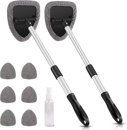 AstroAI Windshield Cleaning Tool, Car Window Cleaner Windshield Cleaner with 8 Reusable and Washable Microfiber Pads and Extendable Handle Auto Inside Glass Wiper Kit, Gray, 2 Pack