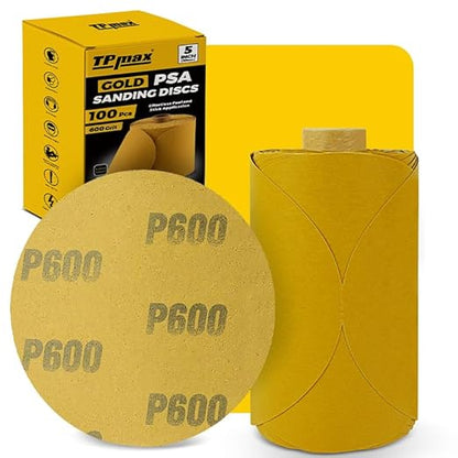 100PCS 5 Inch PSA Sanding Discs 600 Grit | Self-Adhesive Sandpaper Roll for DA Sanders, Orbital Sander | Gold Aluminum Oxide Sticky Back Abrasive Discs for Automotive, Woodworking, and Metal Polishing