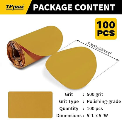 100PCS 5 Inch PSA Sanding Discs 500 Grit | Self-Adhesive Sandpaper Roll for DA Sanders, Orbital Sander | Gold Aluminum Oxide Sticky Back Abrasive Discs for Automotive, Woodworking, and Metal Polishing