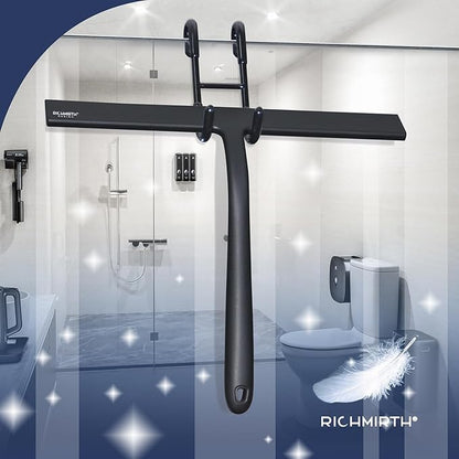 12 Inch Silicone Shower Squeegee for Glass Doors with Hook – Streak-Free Window Cleaner for Bathroom, Mirror, Tile & Car, No Scratch Squeegee with Metal Core (Black)