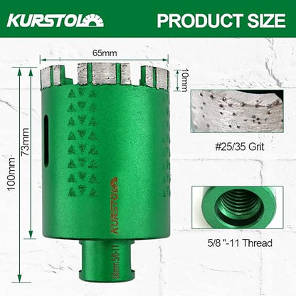 KURSTOL Diamond Core Drill Bits - 2-1/2 Inch with 58-11 Thread Granite Hole Saw Dry or Wet Drilling Hard Stone Marble Concrete Quartz Countertop Laser Welded Masonry Coring(65mm)