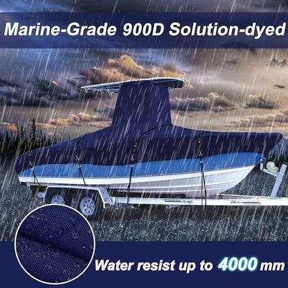900D Marine Grade Fade and Tear Resistant Trailerable T-Top Boat Cover, Heavy-Duty Waterproof and UV-Proof T TOP Boat Storage Cover with Windproof Metal Buckle Straps Fit 18ft-20ft Long(Navy)
