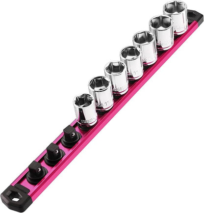 WORKPRO Magnetic Socket Organizer, 3/8-Inch Drive Aluminum Alloy Socket Rail, Heavy Duty Socket Holder, Socket Rack Kit 3/8-Inch x 10 Clips Rose Red (Socket not Included)