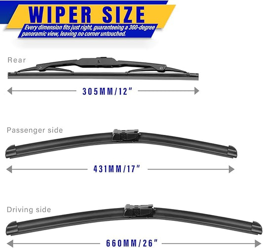 3 wipers Replacement for Cadillac SRX 2010-2016, Windshield Wiper Blades Original Equipment Replacement - 26"/17"/12" (Set of 3) Top Lock