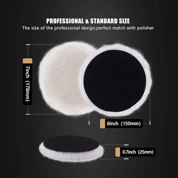 Wool Buffing Polishing Pad, SPTA 6Pcs 6 Inch (150mm) Lambwool Wool polishing Pads with Pad Clean Tool Kit with Hook & Loop 5/8"-11 Thread Drill Adapter for Car Polishing and Buffing -A1055S6M58