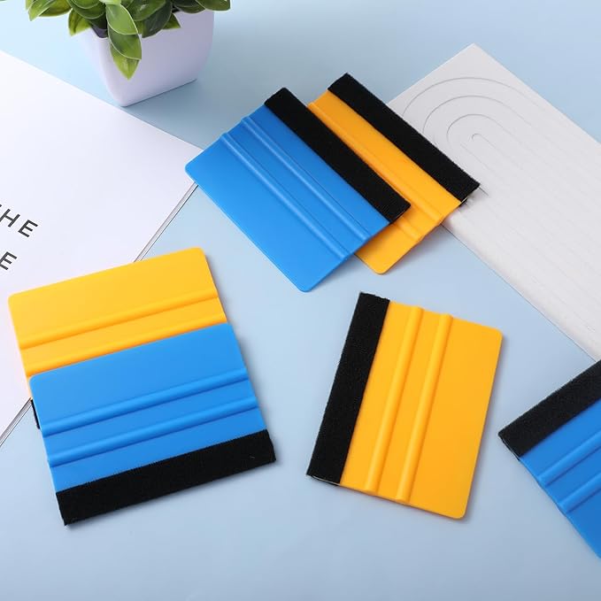 50 Pack Plastic Vinyl Squeegee, 4 Inch Felt Edge Squeegee for Tint Film Decal, Vinyl Wrap Installation Wallpaper Smooth Tool, Vinyls Scraper Decal Applicator Tool, Blue & Yellow