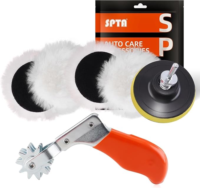 Wool Buffing Polishing Pad, SPTA 3 Inch (75mm) Lambwool Wool Buffing polishing Pads With Pad Clean Tool, 6 Pcs Kit with Hook & Loop 5/8"-11 Thread Drill Adapter for Car Polishing and Buffing QA0798SET