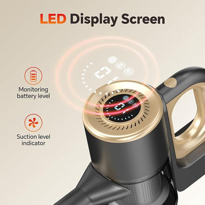 Cordless Vacuum Cleaner, Powerful Suction Vacuum Cleaners for Home, Stick Vacuum Cordless Rechargeable with LED Screen and 3-Speed Suction, Lightweight Vacuum for Hard Floors Carpets Pet Hair, Gold