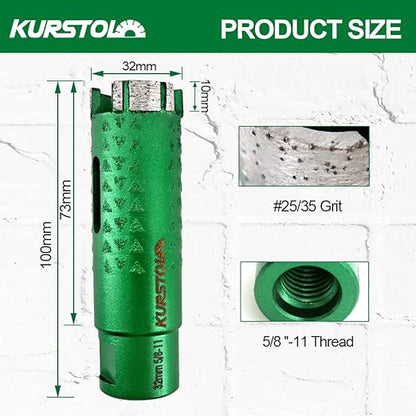 KURSTOL Diamond Core Drill Bits - 2pcs 1-1/4 Inch with 58-11 Thread Granite Hole Saw Dry or Wet Drilling Hard Stone Marble Concrete Quartz Countertop Laser Welded Masonry Coring(32mm)