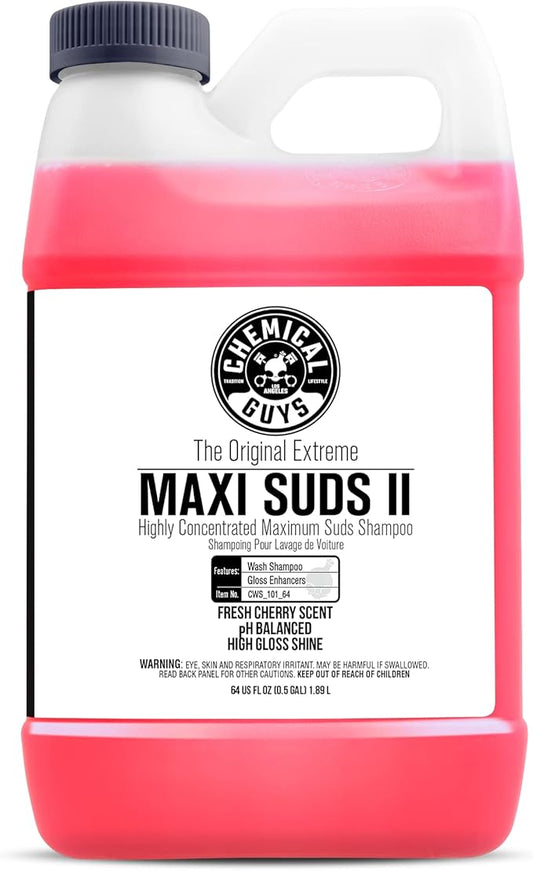 Chemical Guys Maxi Suds II Foaming Car Wash Soap – High Foam Car Wash Soap, Cherry Scent Shampoo and Gloss Booster for Foam Cannons, Guns or Buckets – Gentle, Safe for Trucks, SUVs, and RVs, 64 oz