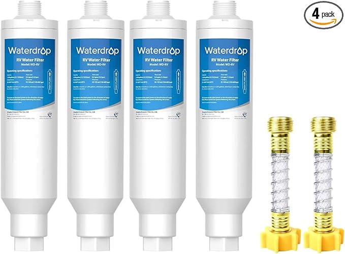 Waterdrop RV Water Filter, NSF Certified, Reduces Chlorine, Bad Taste, Odor, 4 Pack with 2 Flexible Hose Protector