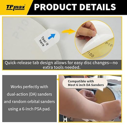 6-Inch 320-Grit Gold PSA Sanding Discs, 50 Pack – Pro-Grade Self-Adhesive Stickyback Sandpaper with Quick-Release Tabs for DA Sander, Ultra-Fine Automotive/Wood/Metal Sanding