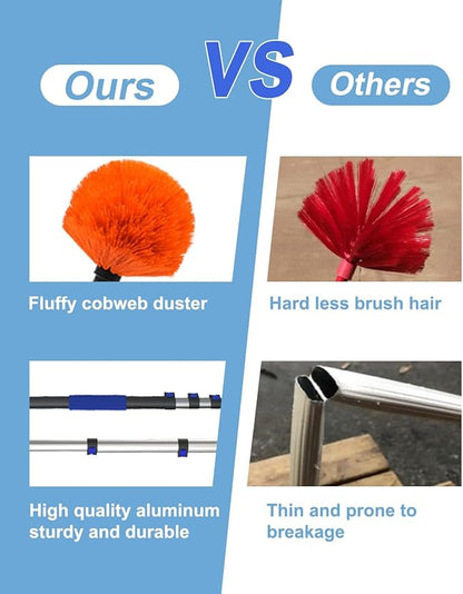 26FT Reach Cobweb Duster, Outdoor Spider Web Cleaner Brush with 5-20FT Telescoping Extension Pole, Aluminium Heavy Duty, Medium Stiff Bristles Spider Web Brush for Outdoor & Indoor Cleaning