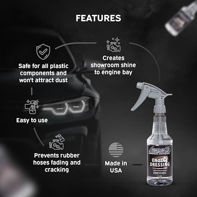 LANE'S Engine Dressing | Professional Engine Bay Cleaner and Protector Shine | Prevents Rubber Hoses Fading and Cracking | Easy to Use, Dust Resistant Degreaser & Detail Spray | 32 oz, 2 Pack