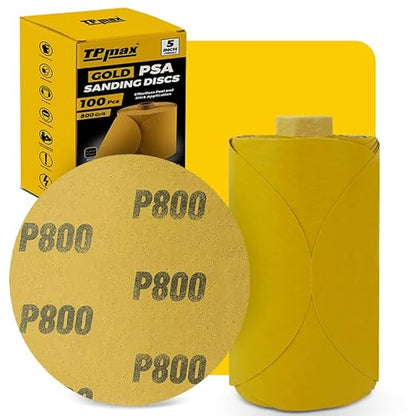100PCS 5 Inch PSA Sanding Discs 800 Grit | Self-Adhesive Sandpaper Roll for DA Sanders, Orbital Sander | Gold Aluminum Oxide Sticky Back Abrasive Discs for Automotive, Woodworking, and Metal Polishing