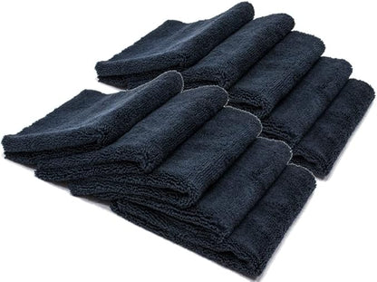 Autofiber Elite Edgeless Two-Pile Microfiber Detailing Towel, All-Purpose Detail Rag, High-Pile, Low-Pile, Wheel Towel (16 inch x 16 inch) - Pack of 10, Black