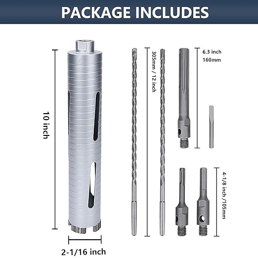 2-1/16 inch Diamond Dry Core Drill Bit, 10" Drilling Depth, 5/8"-11 Thread Core Drill Bit for Concrete Masonry Brick Block, Includes 3 Adapters SDS Plus, SDS Max and Hex (2-1/16 inch)