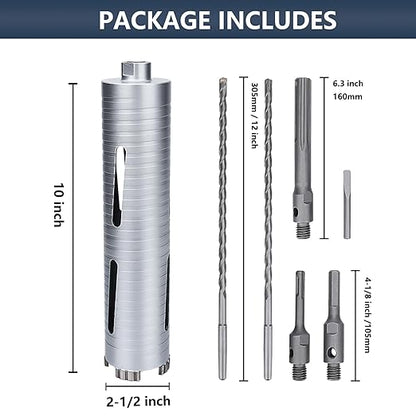 2-1/2 inch Diamond Dry Core Drill Bit, 10" Drilling Depth, 5/8"-11 Thread Core Drill Bit for Concrete Masonry Brick Block, Includes 3 Adapters SDS Plus, SDS Max and Hex (2-1/2 inch)