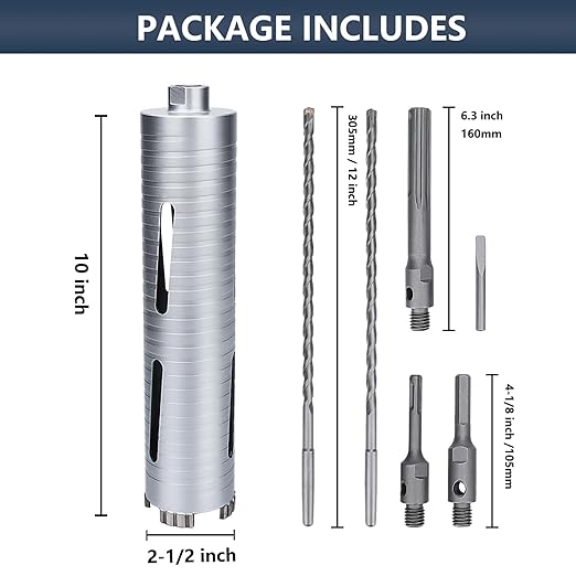 2-1/2 inch Diamond Dry Core Drill Bit, 10" Drilling Depth, 5/8"-11 Thread Core Drill Bit for Concrete Masonry Brick Block, Includes 3 Adapters SDS Plus, SDS Max and Hex (2-1/2 inch)