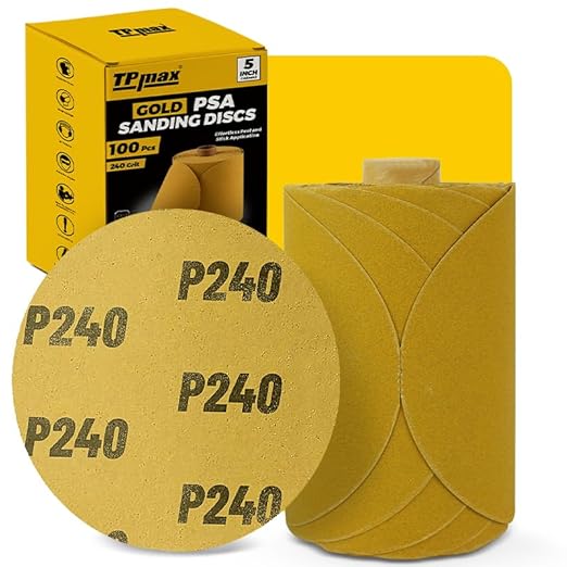 100PCS 5 Inch PSA Sanding Discs 240 Grit | Self-Adhesive Sandpaper Roll for DA Sanders, Orbital Sander | Gold Aluminum Oxide Sticky Back Abrasive Discs for Automotive, Woodworking, and Metal Polishing