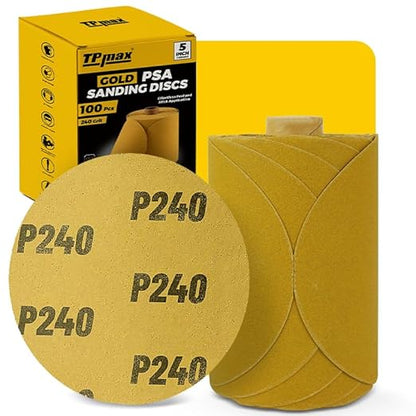 100PCS 5 Inch PSA Sanding Discs 240 Grit | Self-Adhesive Sandpaper Roll for DA Sanders, Orbital Sander | Gold Aluminum Oxide Sticky Back Abrasive Discs for Automotive, Woodworking, and Metal Polishing