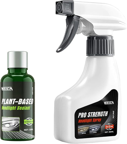 WEICA Headlight Cleaner Spray Kit - 2 Step Pro Strength Formula with Plant Based Sealant to Restore Clarity for Light Hazing Regular Upkeep