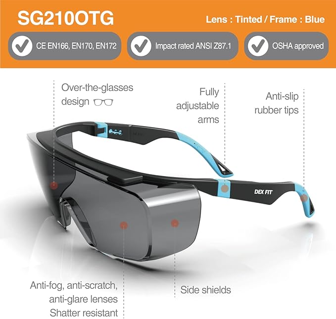 DEX FIT Safety Work Over Glasses SG210 OTG; Z87 Eye Protection for Men & Women, Fog & Scratch Resistant, Adjustable, UV Block (Black & Blue Frame, Tinted Lens)