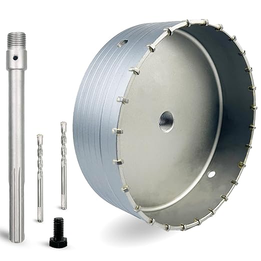 7-7/8" Concrete Hole Saw, 200mm Tungsten Steel Core Bit for Cinder Block, Brick, Rock, Plank Walls for Pipes or mini Split Lines, with SDS Max Shank and 2 Center Positioning Drill Bits.