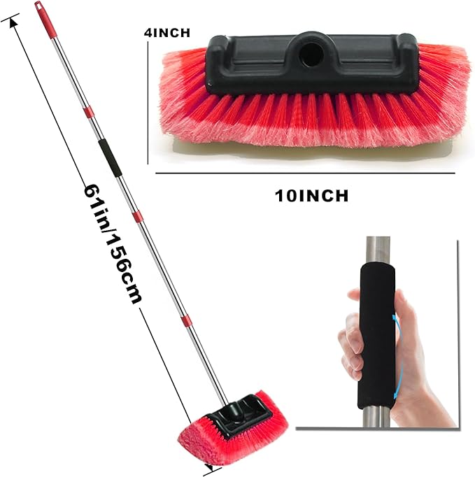 Car Wash Brush with Long Handle – Five-Sided Soft Bristle Brush for Car, Truck, SUV, RV, Boat & House Siding Cleaning(Red)